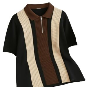 Men's Retro Cable-Knit Quarter-Zip Polo | Premium Textured Self-Design Half Sleeve T-Shirt for Men